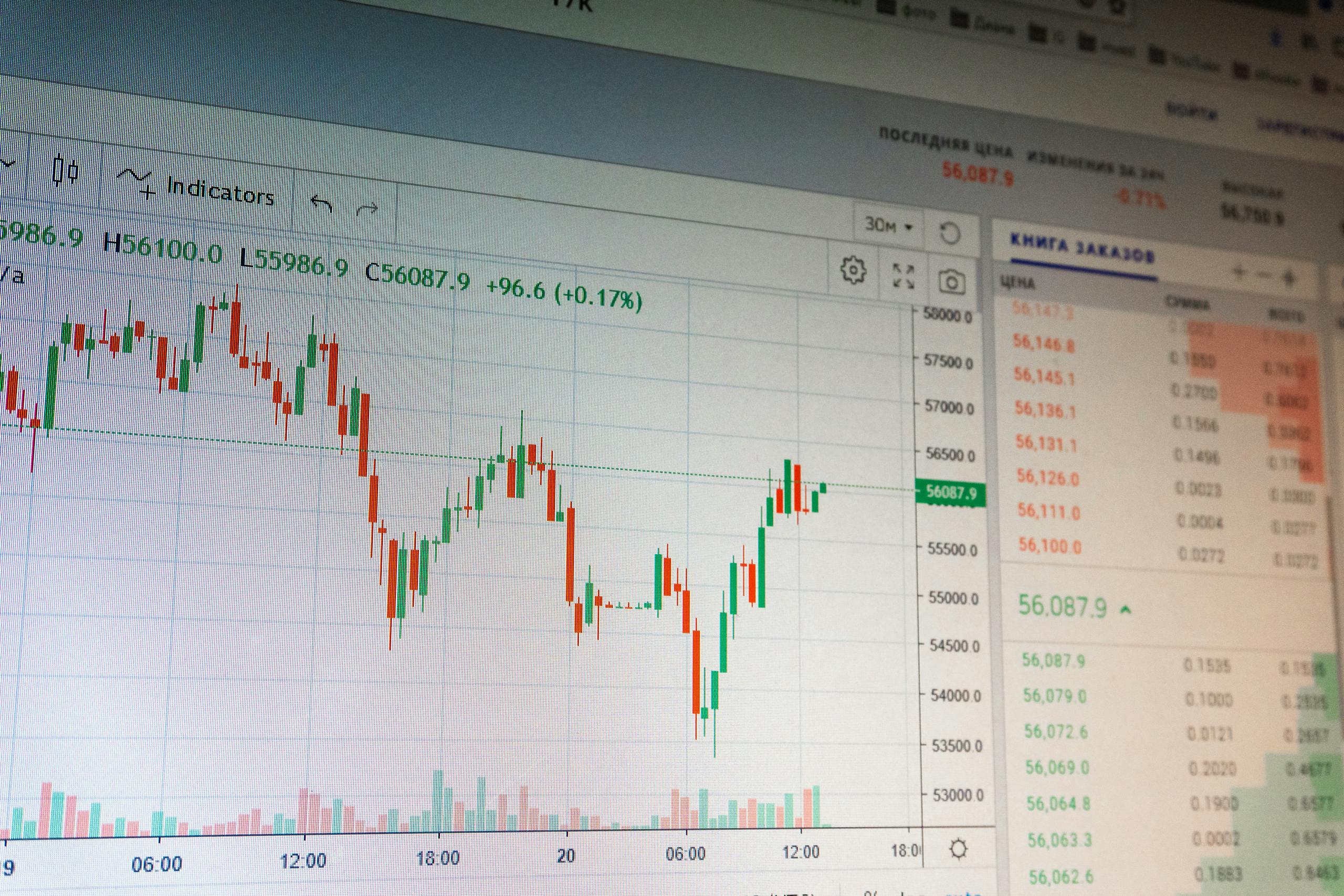 Close-up of digital cryptocurrency market graph showing price fluctuations and trading data.
