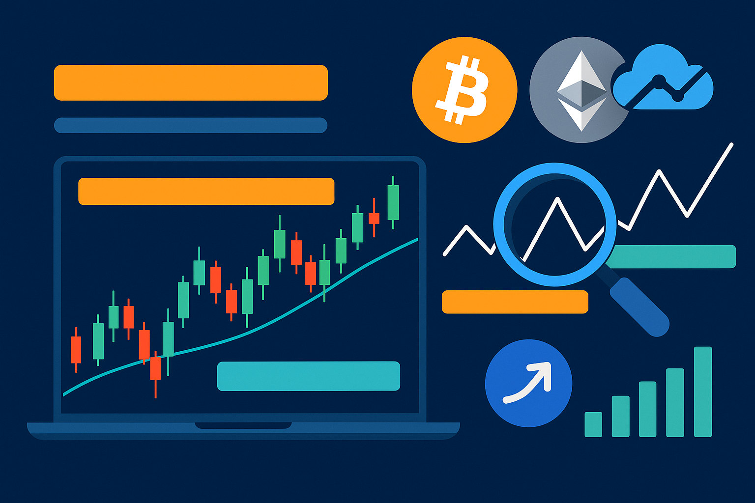 A modern digital illustration showing a crypto TradingView chart with highlighted buy and sell zones, green and red candlestick patterns, and minimal indicators, symbolizing precise crypto trading setups.