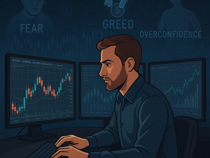 Trader managing emotions with digital tools, facing psychological trading biases