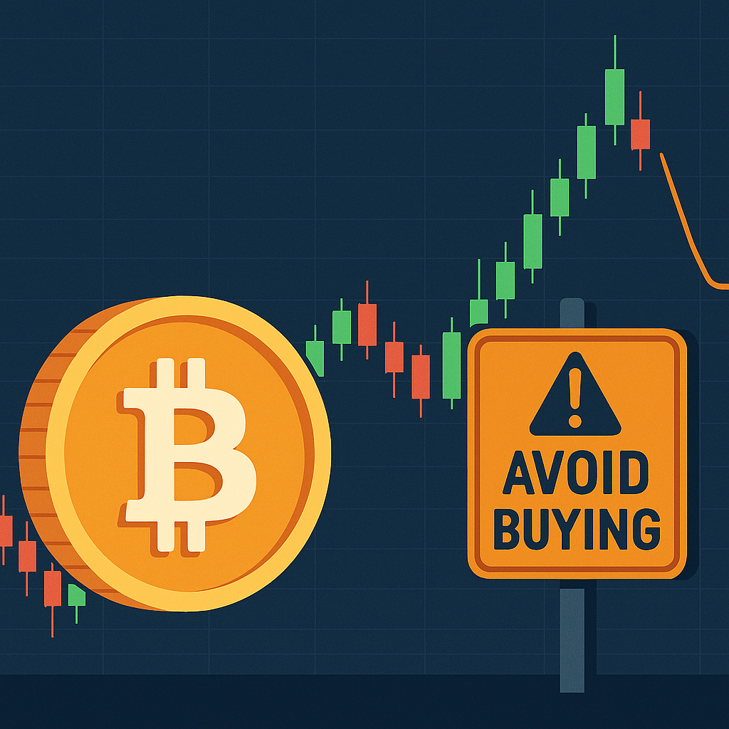 A modern digital illustration showing a Bitcoin chart with danger zones at peaks, AI warning alerts, and a trader calmly waiting to buy lower, representing smart entry strategies.